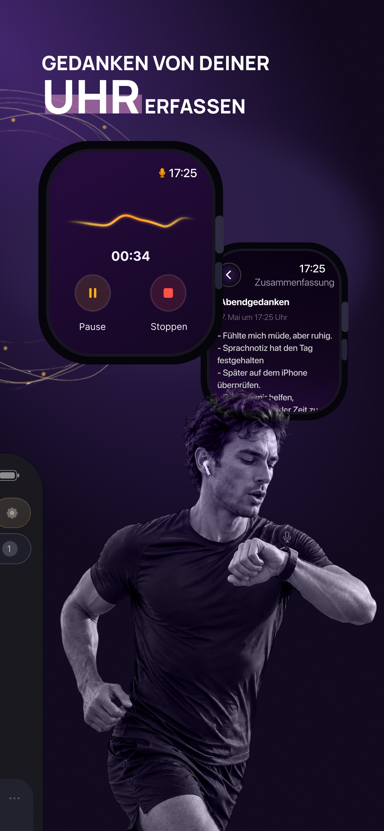 Voice Memory Screenshot mit einem Notizfeed im Journalstil