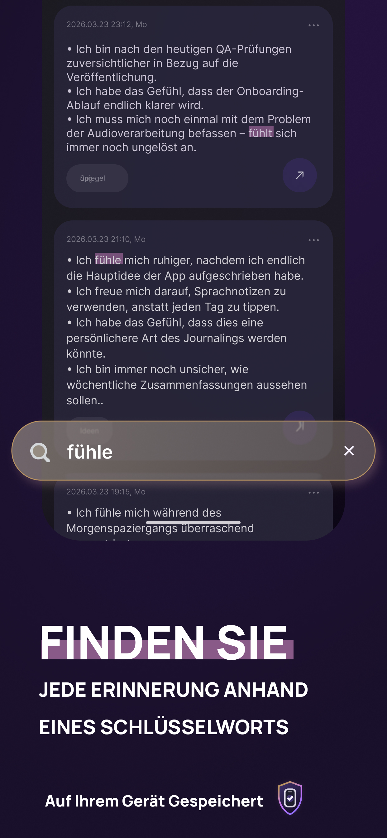 Voice Memory Screenshot mit einem Erinnerungsfeed im Journalstil