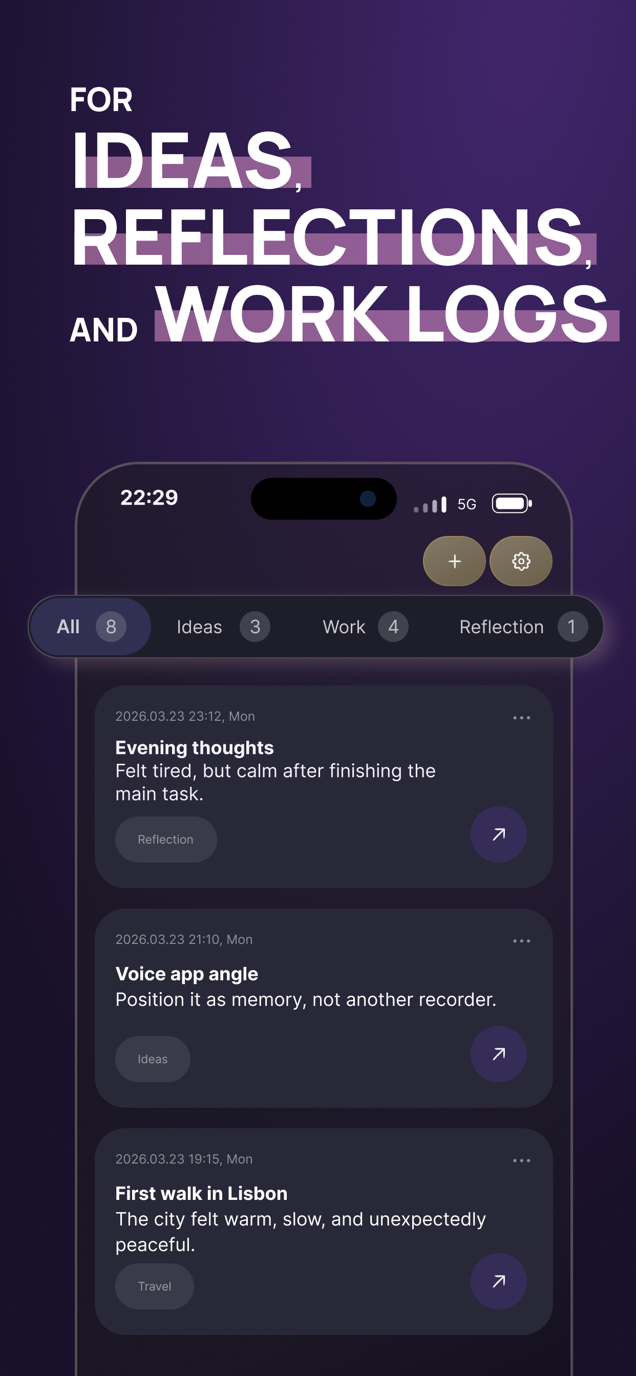Voice Memory screenshot showing Apple Watch capture thoughts and notes