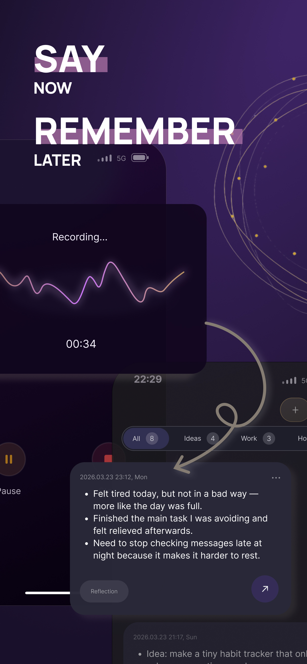 Voice Memory screenshot showing a recording and summary workflow
