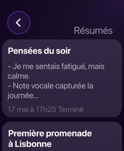 Capture d’écran de résumé Voice Memory sur iPhone