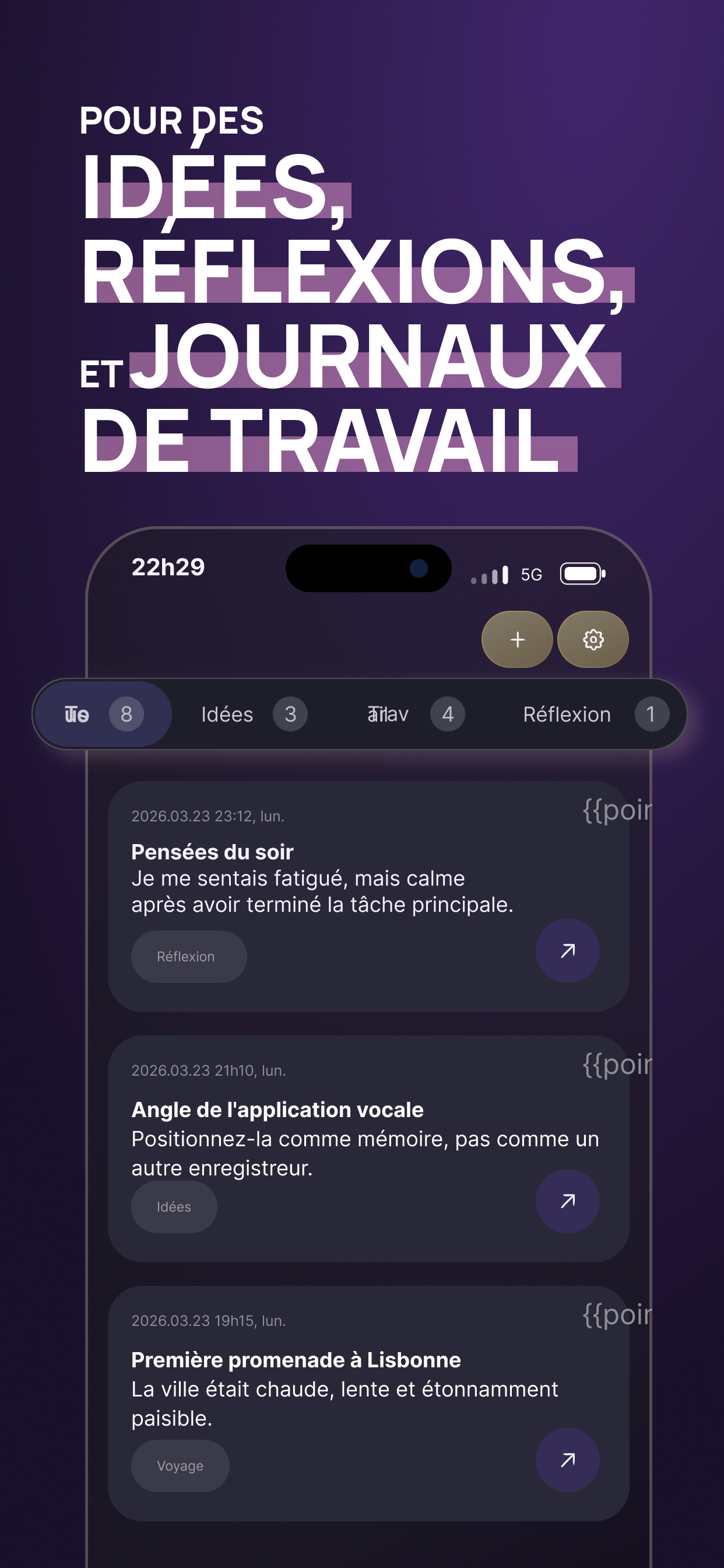 Capture d’écran de Voice Memory montrant la capture de pensées depuis la montre