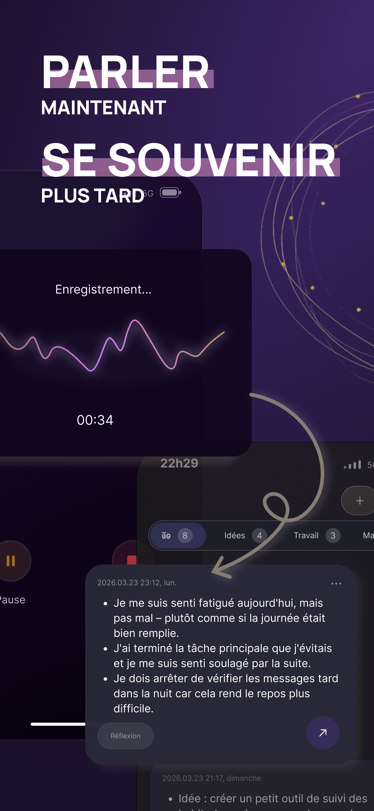 Capture d’écran de Voice Memory montrant un écran d’enregistrement sur Apple Watch et iPhone