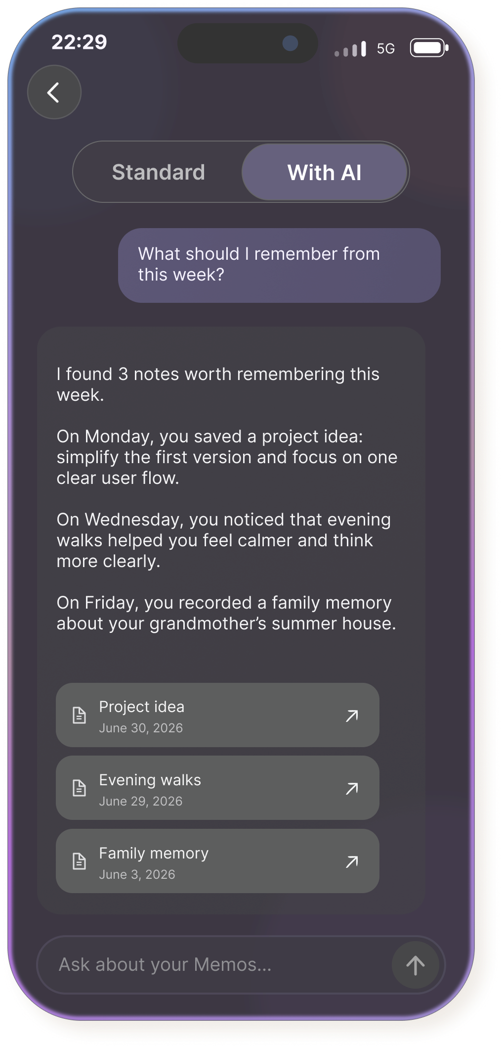 Voice Memory Smart Search open on iPhone